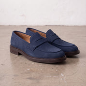 Men's Navy Blue Apron-Toe Suede Penny Loafers — Thornbury