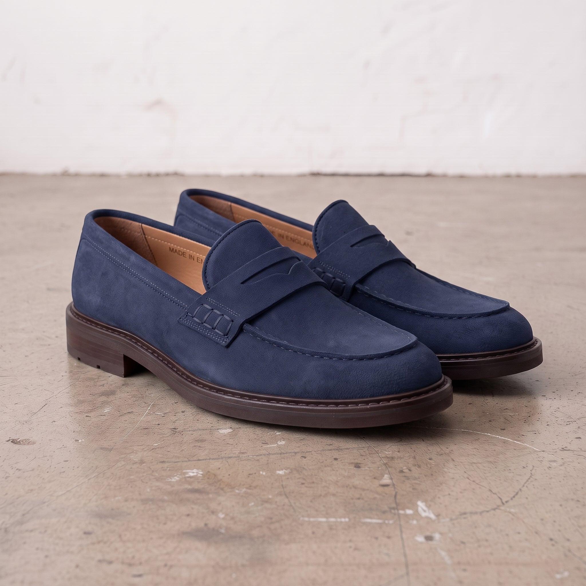 Men's Navy Blue Apron-Toe Suede Penny Loafers — Thornbury