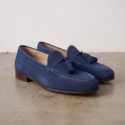 Men's Navy Blue Apron-Toe Suede Tassel Loafers — Crawshaw