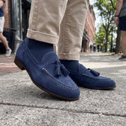 Men's Navy Blue Apron-Toe Suede Tassel Loafers — Crawshaw