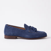 Men's Navy Blue Apron-Toe Suede Tassel Loafers — Crawshaw