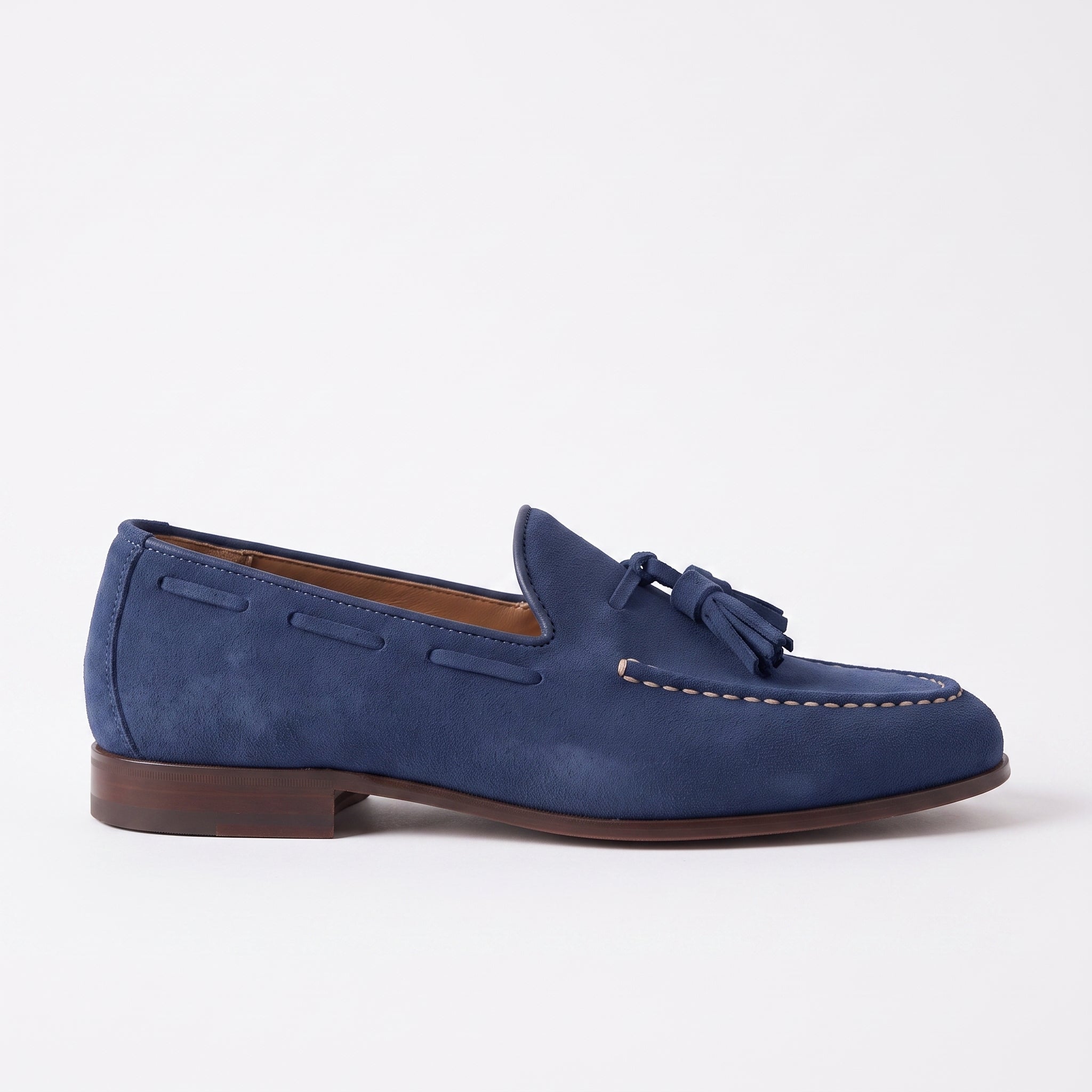 Men's Navy Blue Apron-Toe Suede Tassel Loafers — Crawshaw