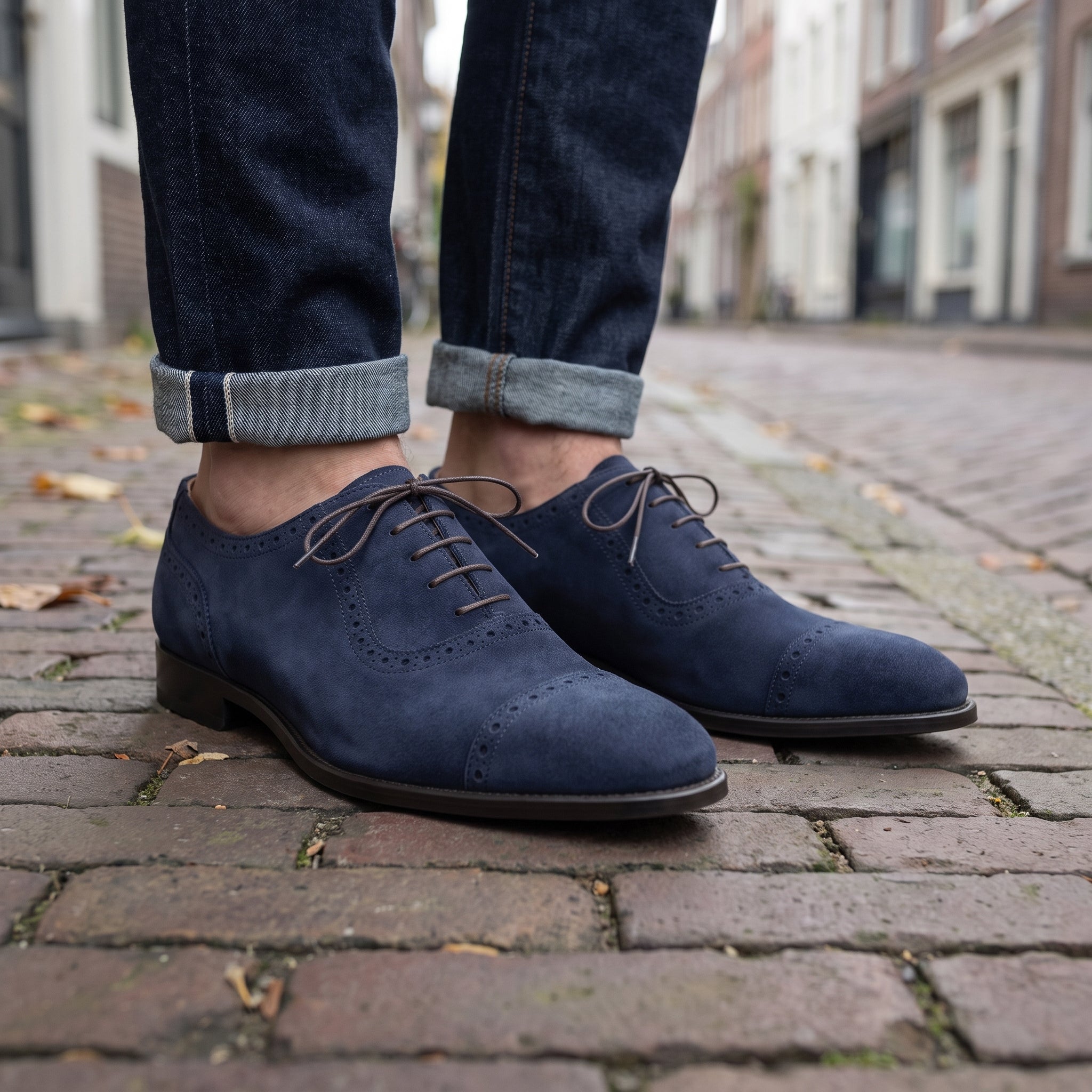 Men's Navy Blue Cap-Toe Suede Brogue Oxfords — Mowbray — Mowbray