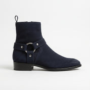 Men's Navy Blue Plain-Toe Suede Biker Boots — Brindle
