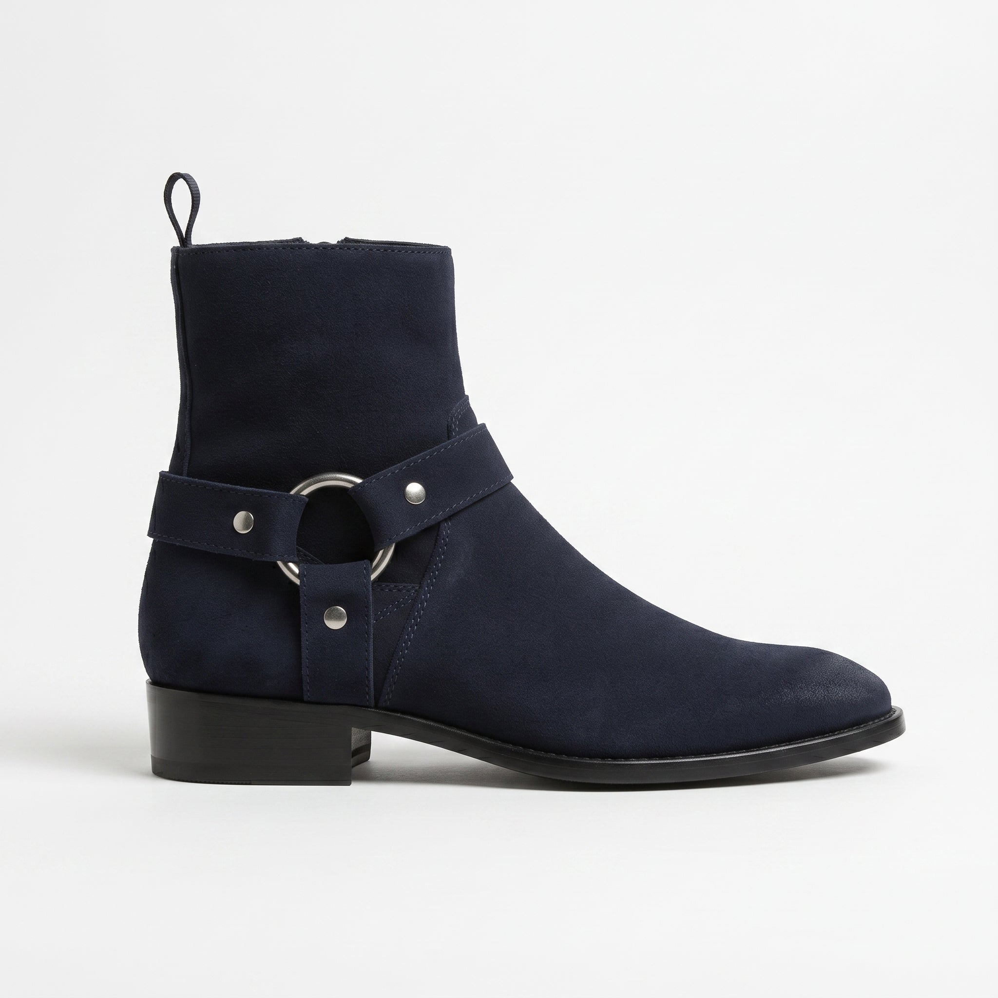 Men's Navy Blue Plain-Toe Suede Biker Boots — Brindle