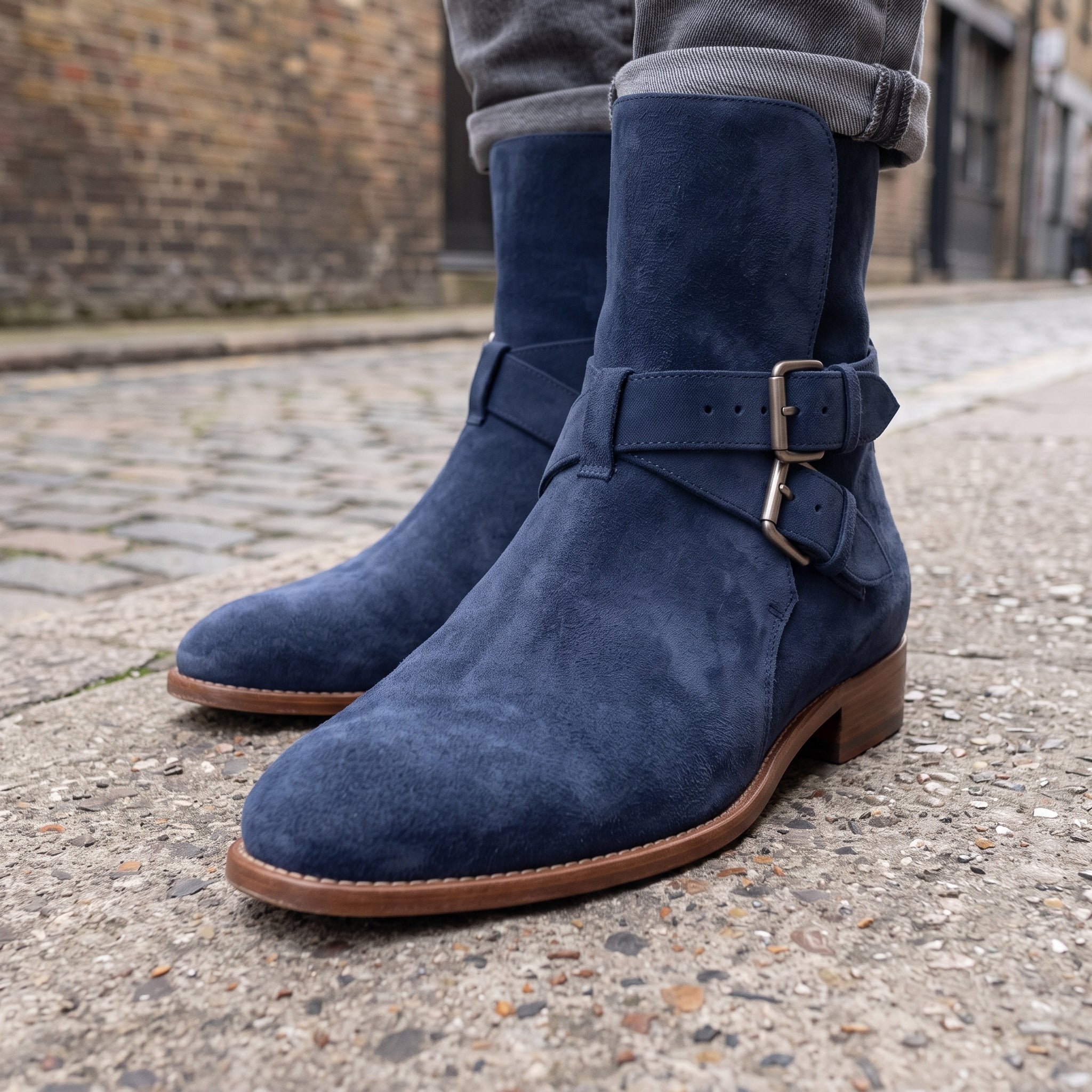 Men's Navy Blue Plain-Toe Suede Jodhpur Boots — Astley