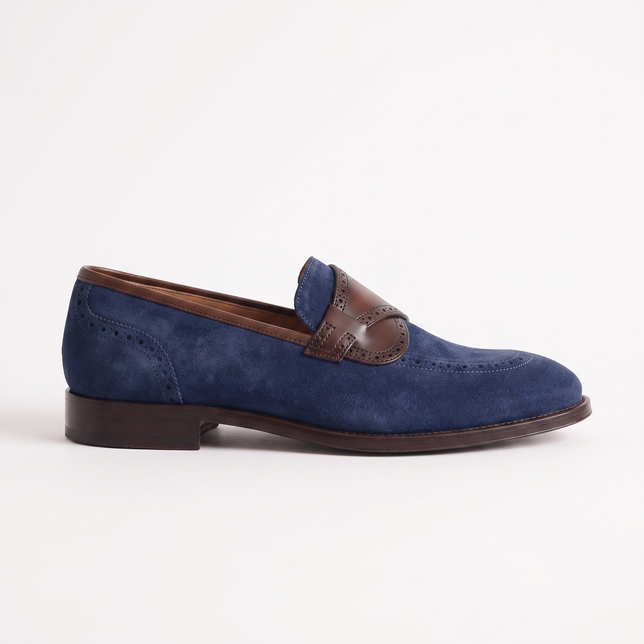 Men's Blue and Brown Apron-Toe Suede Loafers — Carron