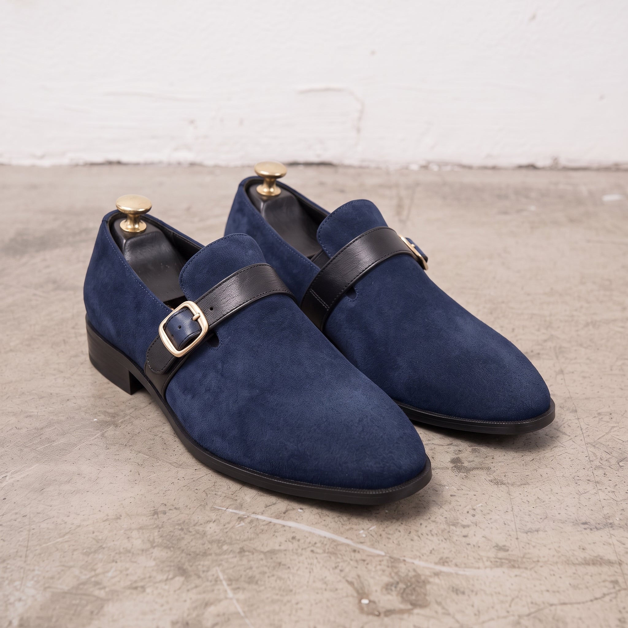 Men's Navy Blue Plain-Toe Suede Monk Strap Shoes — Goddard