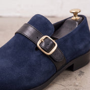 Men's Navy Blue Plain-Toe Suede Monk Strap Shoes — Goddard
