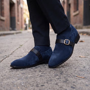 Men's Navy Blue Plain-Toe Suede Monk Strap Shoes — Goddard