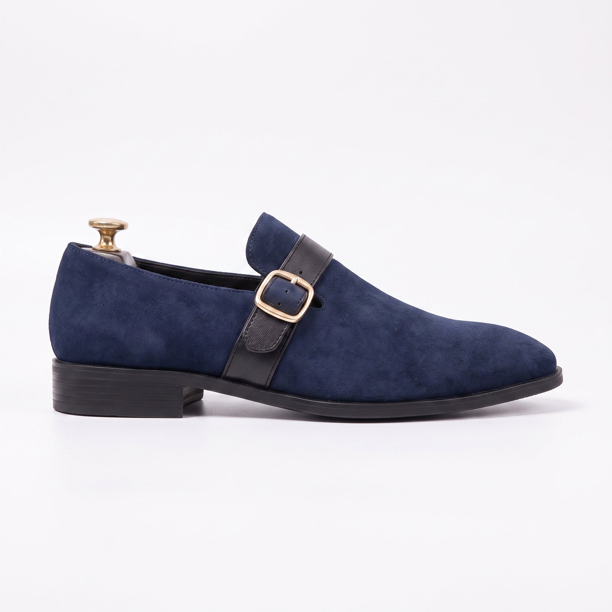 Men's Navy Blue Plain-Toe Suede Monk Strap Shoes — Goddard