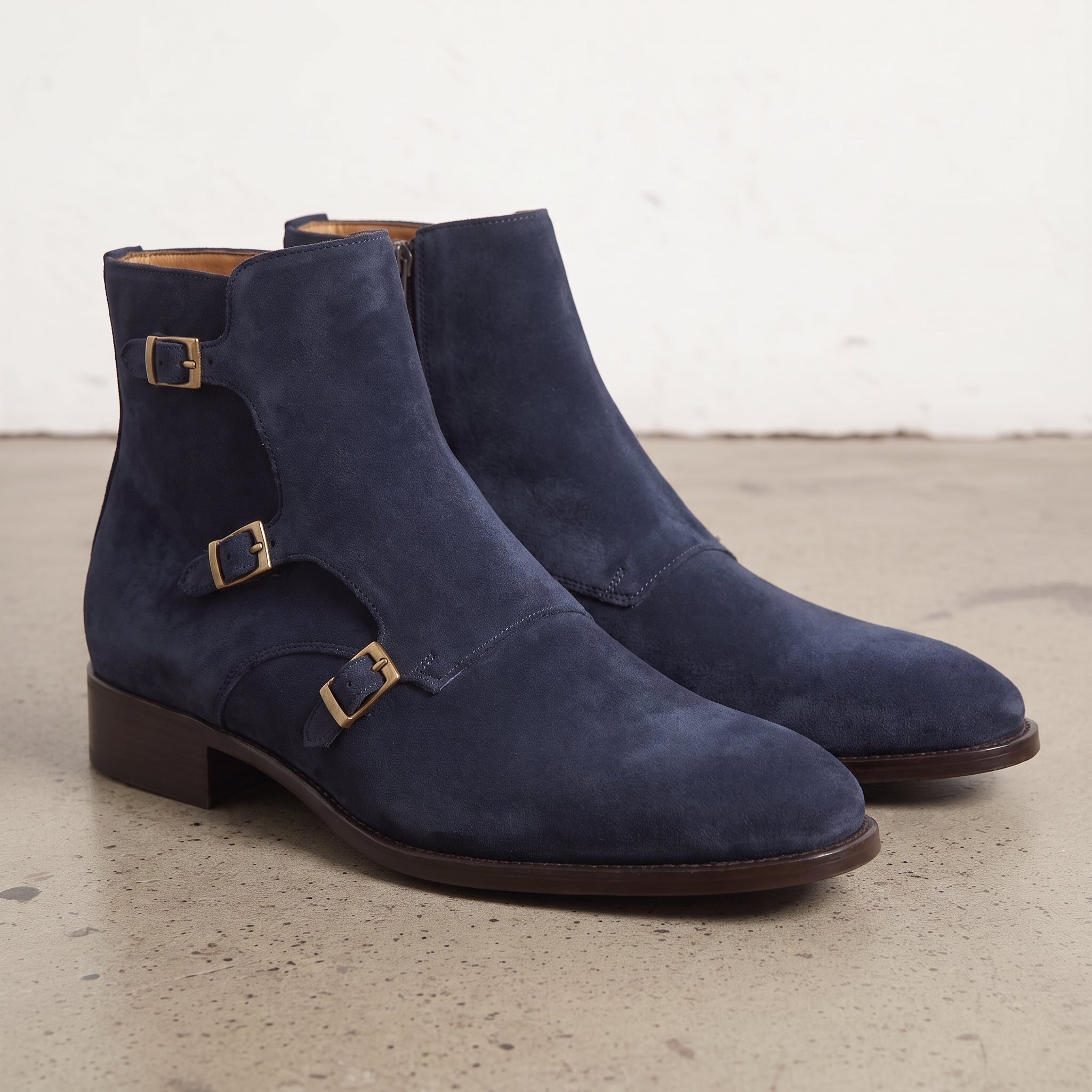 Men's Navy Blue Plain-Toe Suede Triple Monk Boots — Hawley