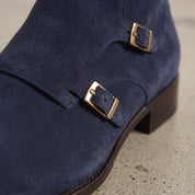 Men's Navy Blue Plain-Toe Suede Triple Monk Boots — Hawley