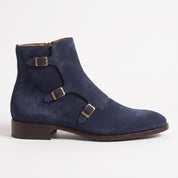 Men's Navy Blue Plain-Toe Suede Triple Monk Boots — Hawley