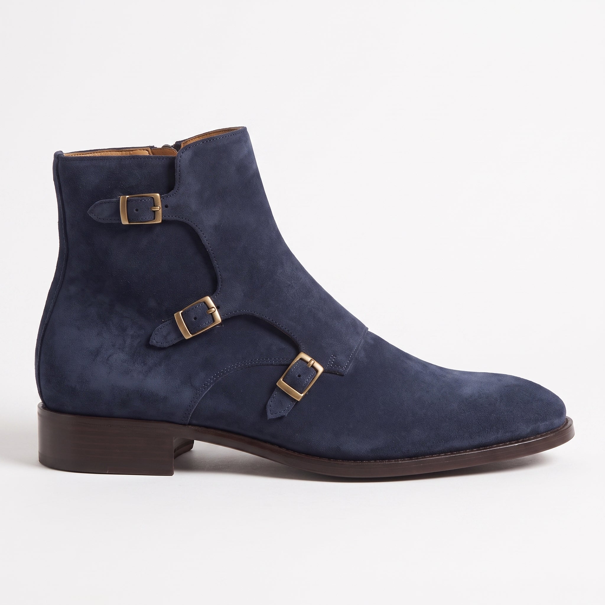 Men's Navy Blue Plain-Toe Suede Triple Monk Boots — Hawley
