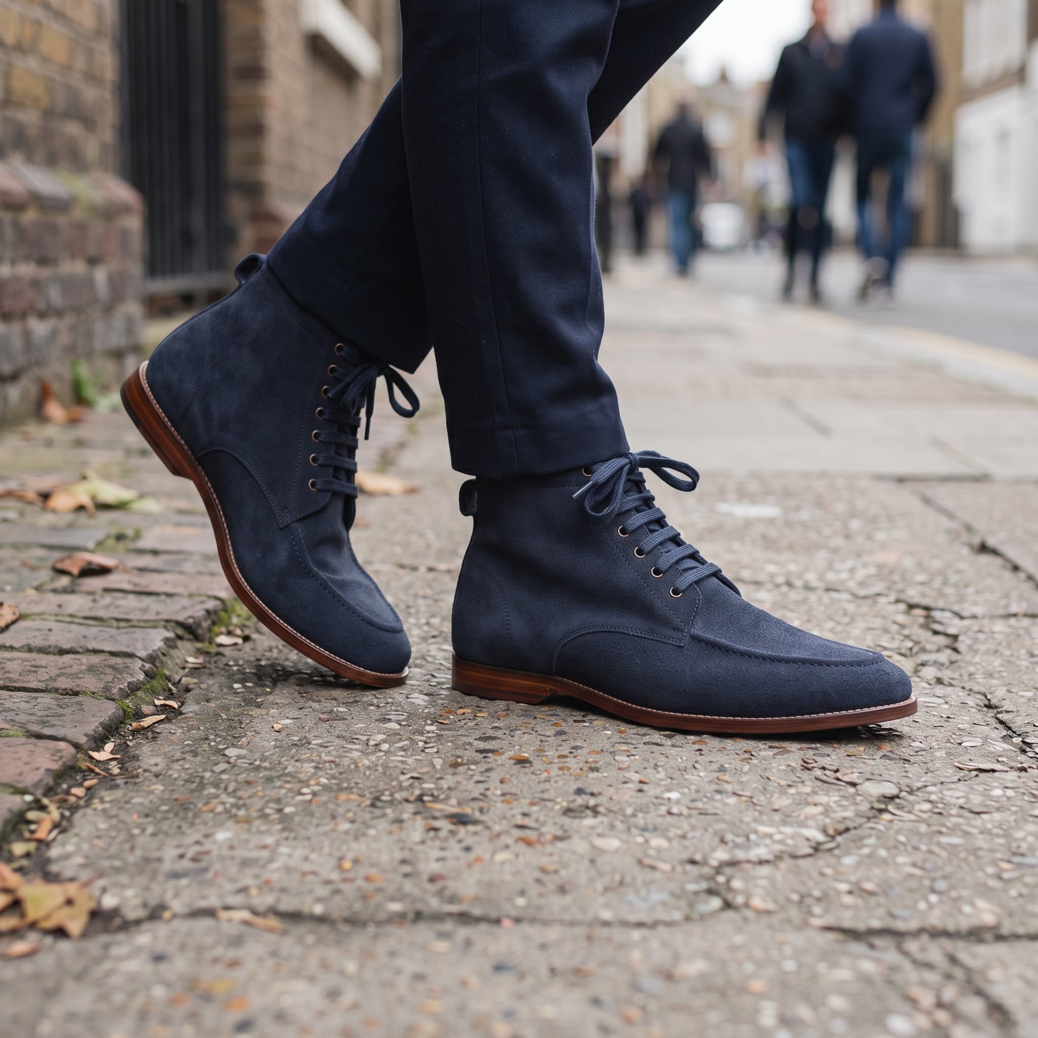 Men's Navy Blue Suede Apron-Toe Derby Boots — Bishopstoke
