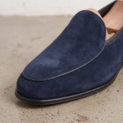 Men's Navy Blue Suede Belgian Loafers — Risley