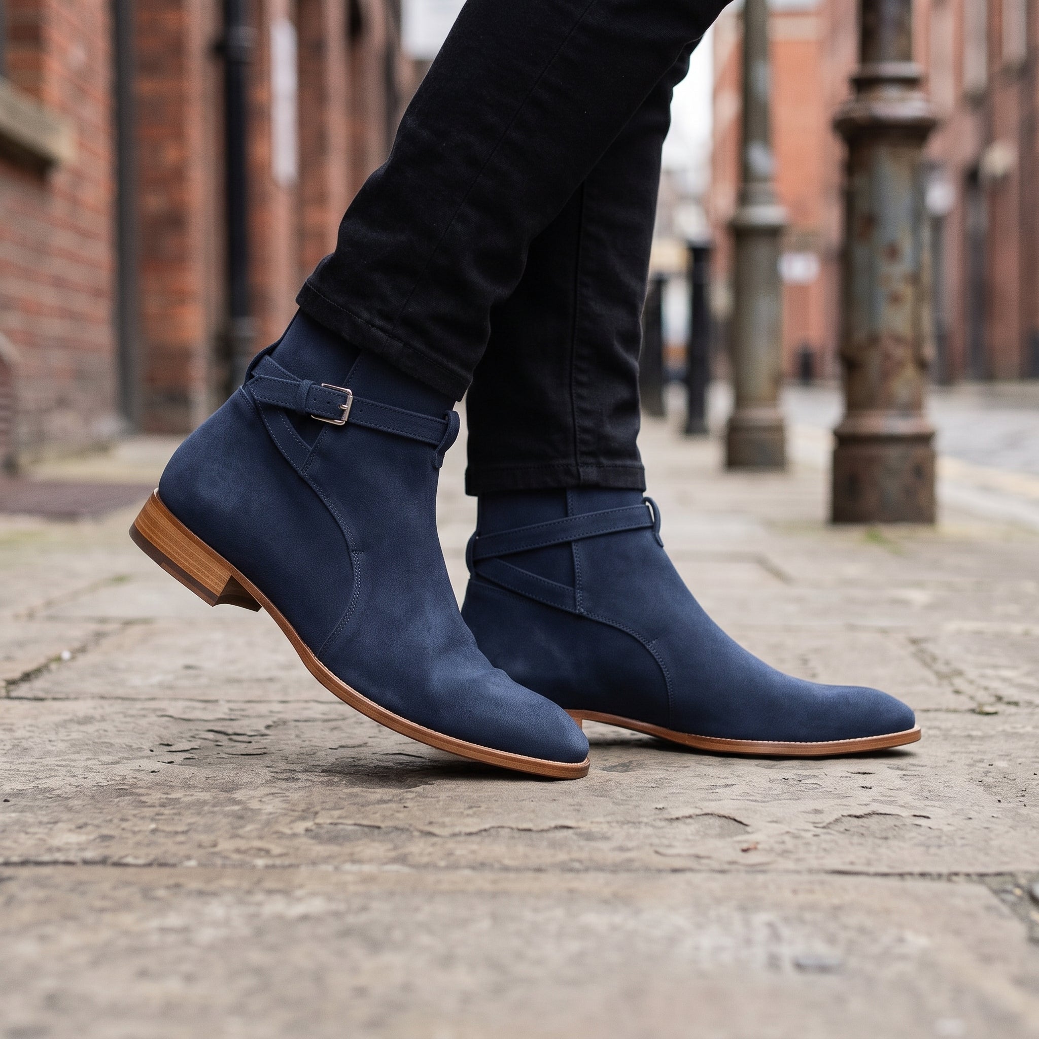 Men's Navy Blue Suede Buckle Ankle Boots — Bampton