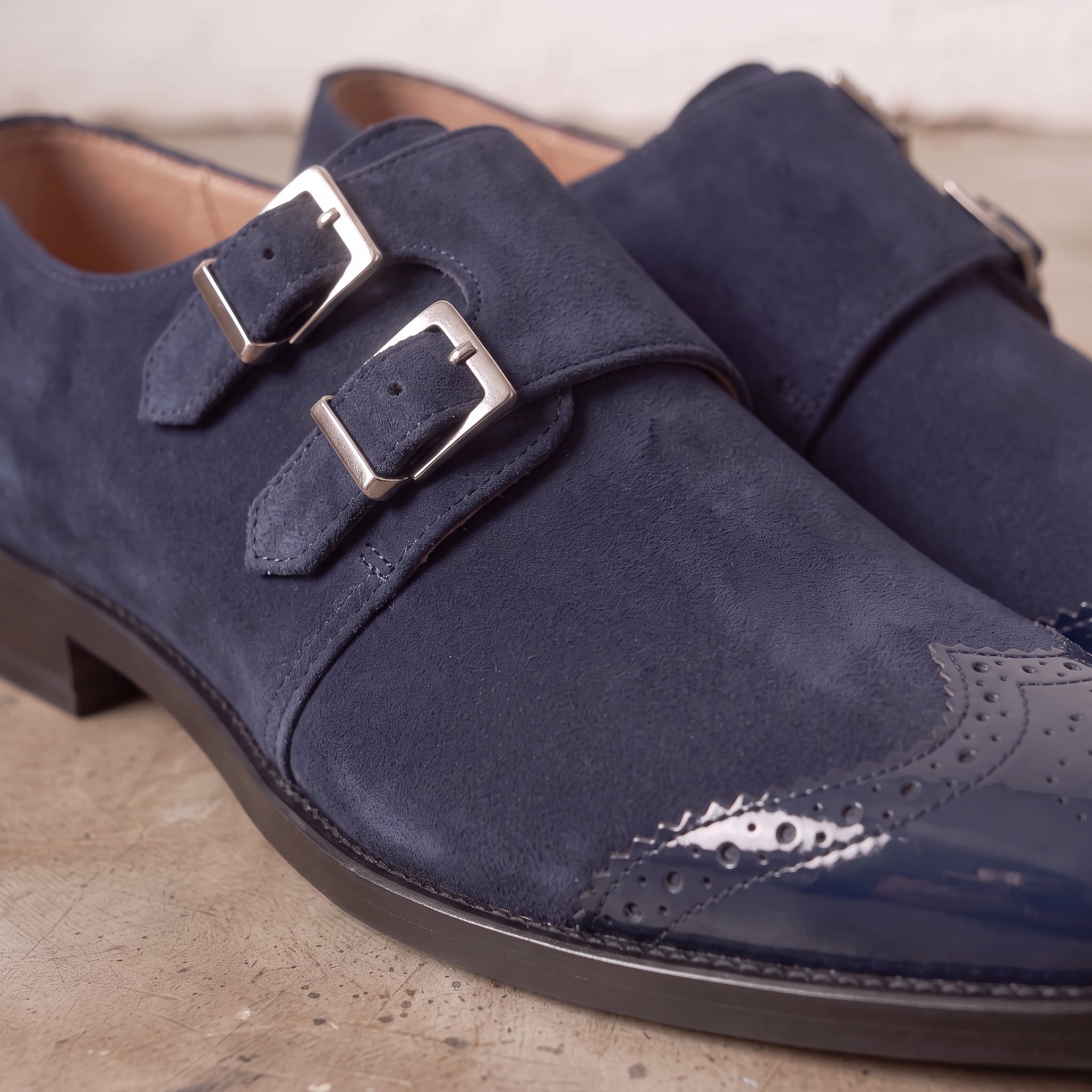 Men's Navy Blue Suede Double Monk Strap Shoes — Lowell