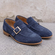 Men's Navy Blue Suede Monk Strap Loafers — Abborfield