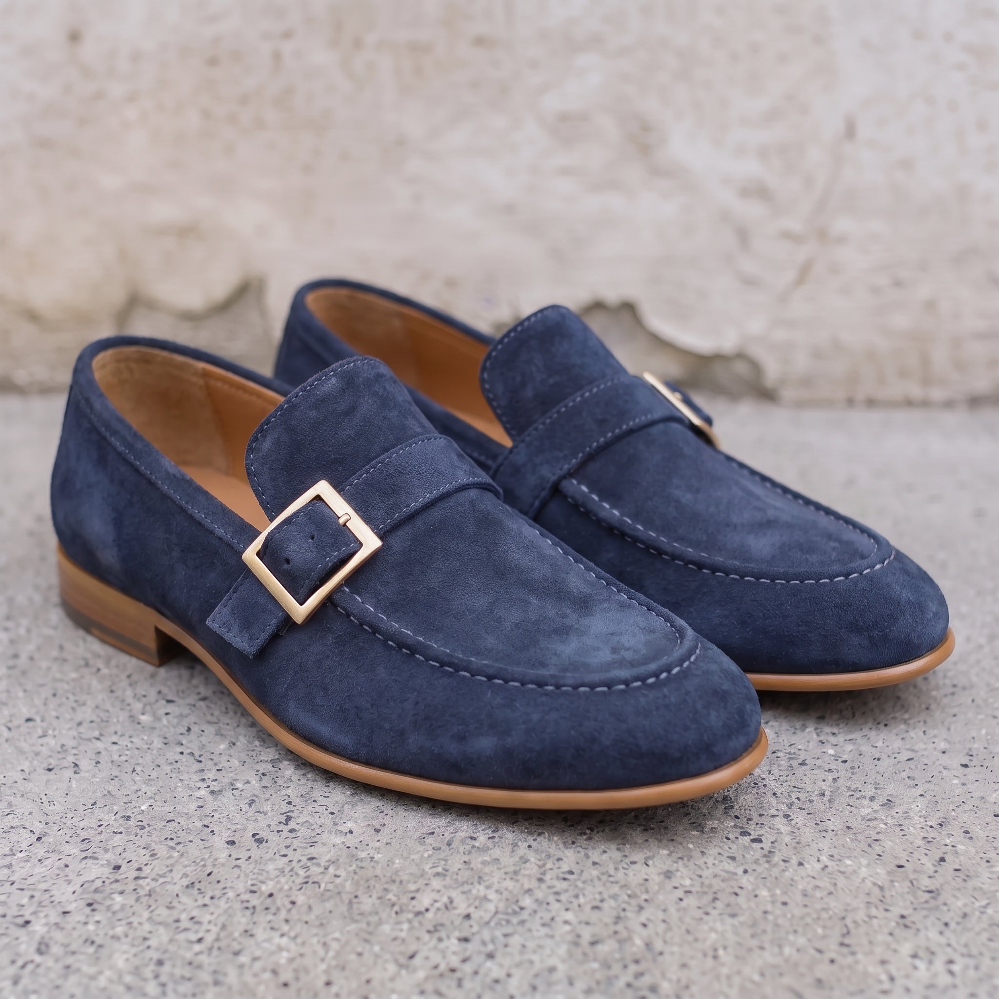 Men's Navy Blue Suede Monk Strap Loafers — Abborfield