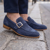 Men's Navy Blue Suede Monk Strap Loafers — Abborfield