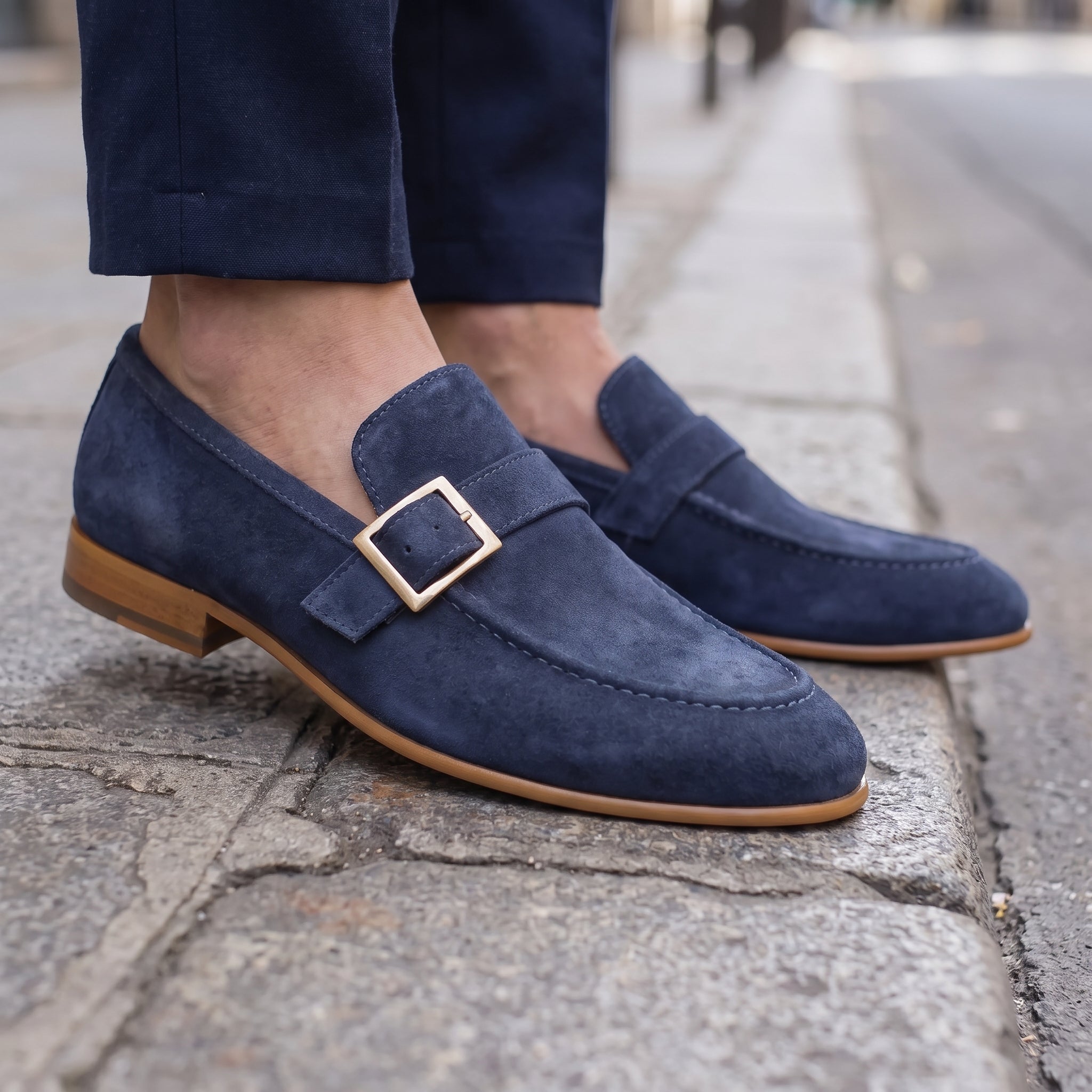 Men's Navy Blue Suede Monk Strap Loafers — Abborfield