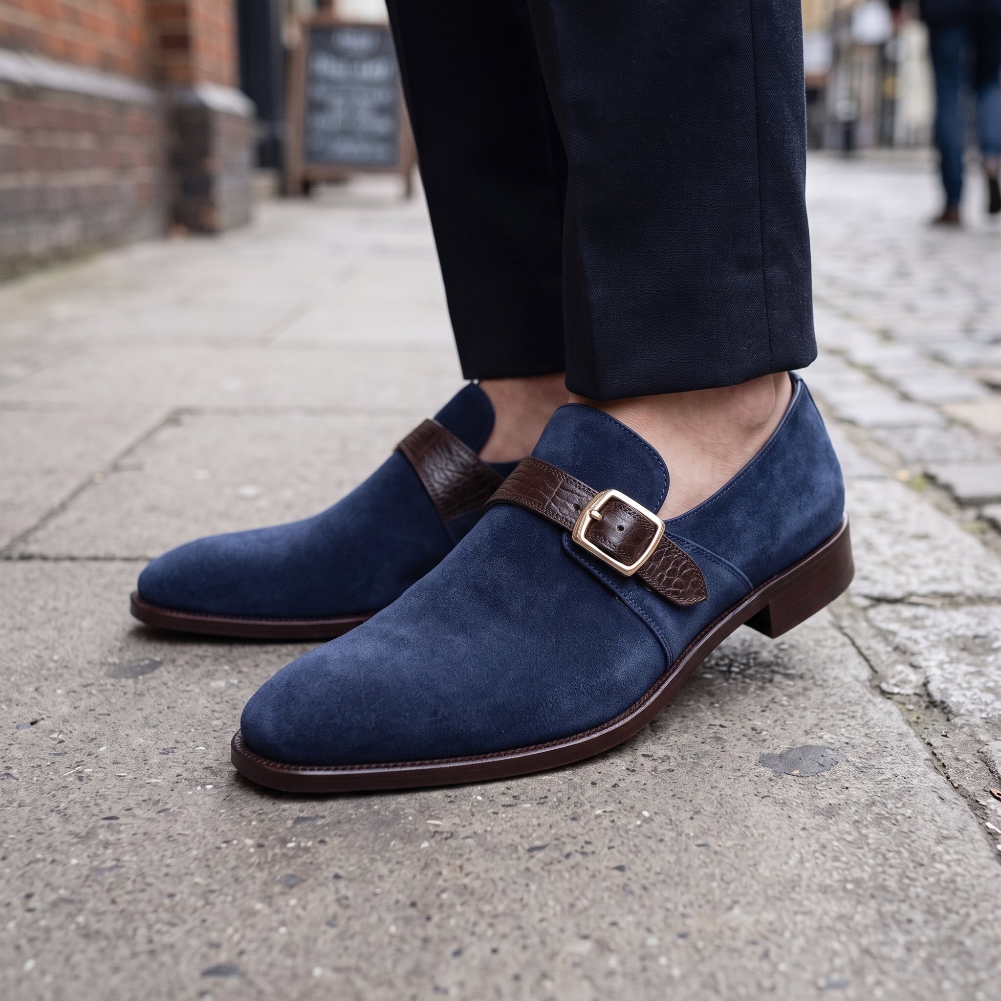 Men's Navy Blue Suede Monk Strap Shoes — Harrington