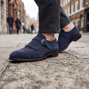 Men's Navy Blue Plain-Toe Suede Monk Strap Shoes — Alveley