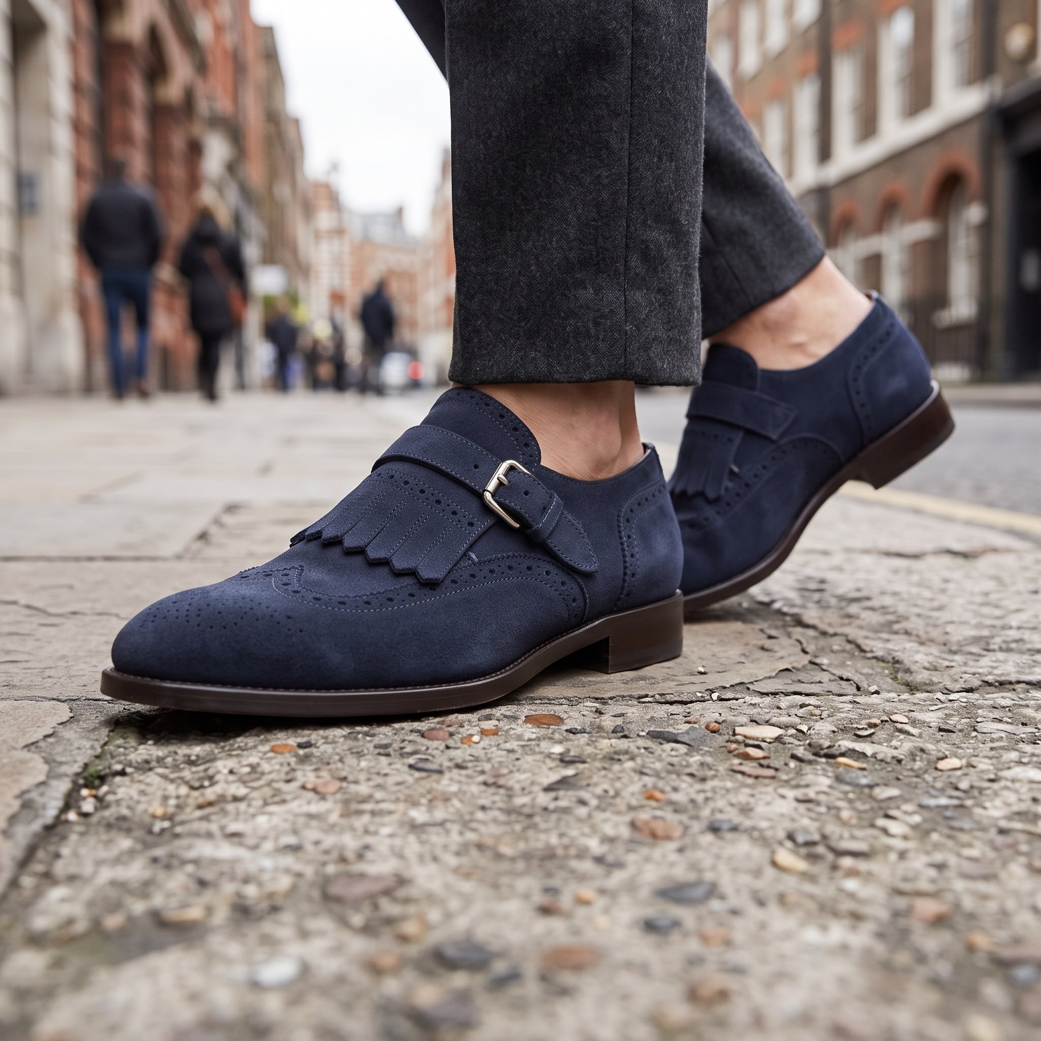 Men's Navy Blue Plain-Toe Suede Monk Strap Shoes — Alveley