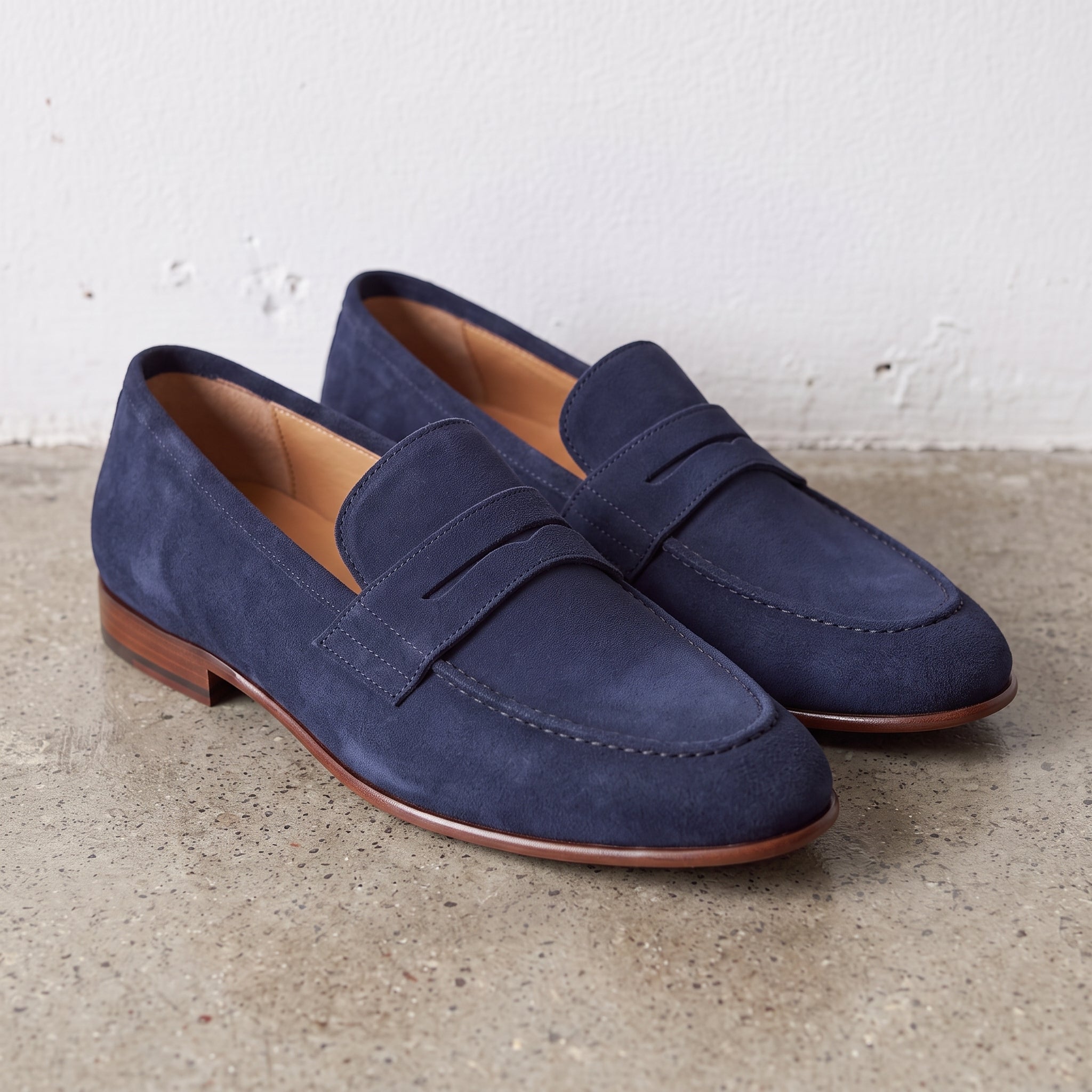 Men's Navy Suede Apron-Toe Penny Loafers — Bellingham