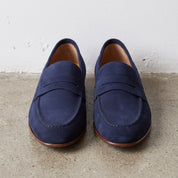 Men's Navy Suede Apron-Toe Penny Loafers — Bellingham