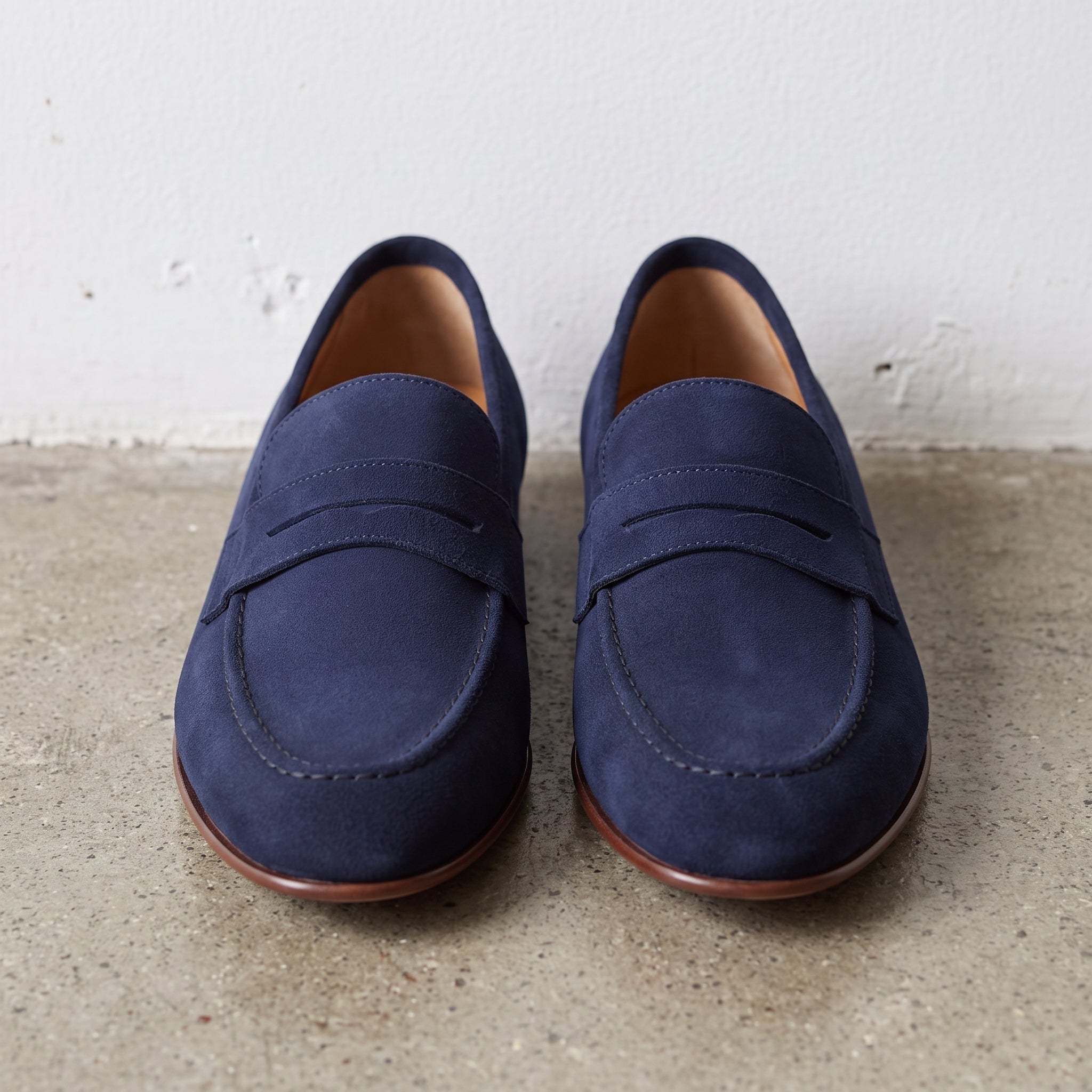 Men's Navy Suede Apron-Toe Penny Loafers — Bellingham