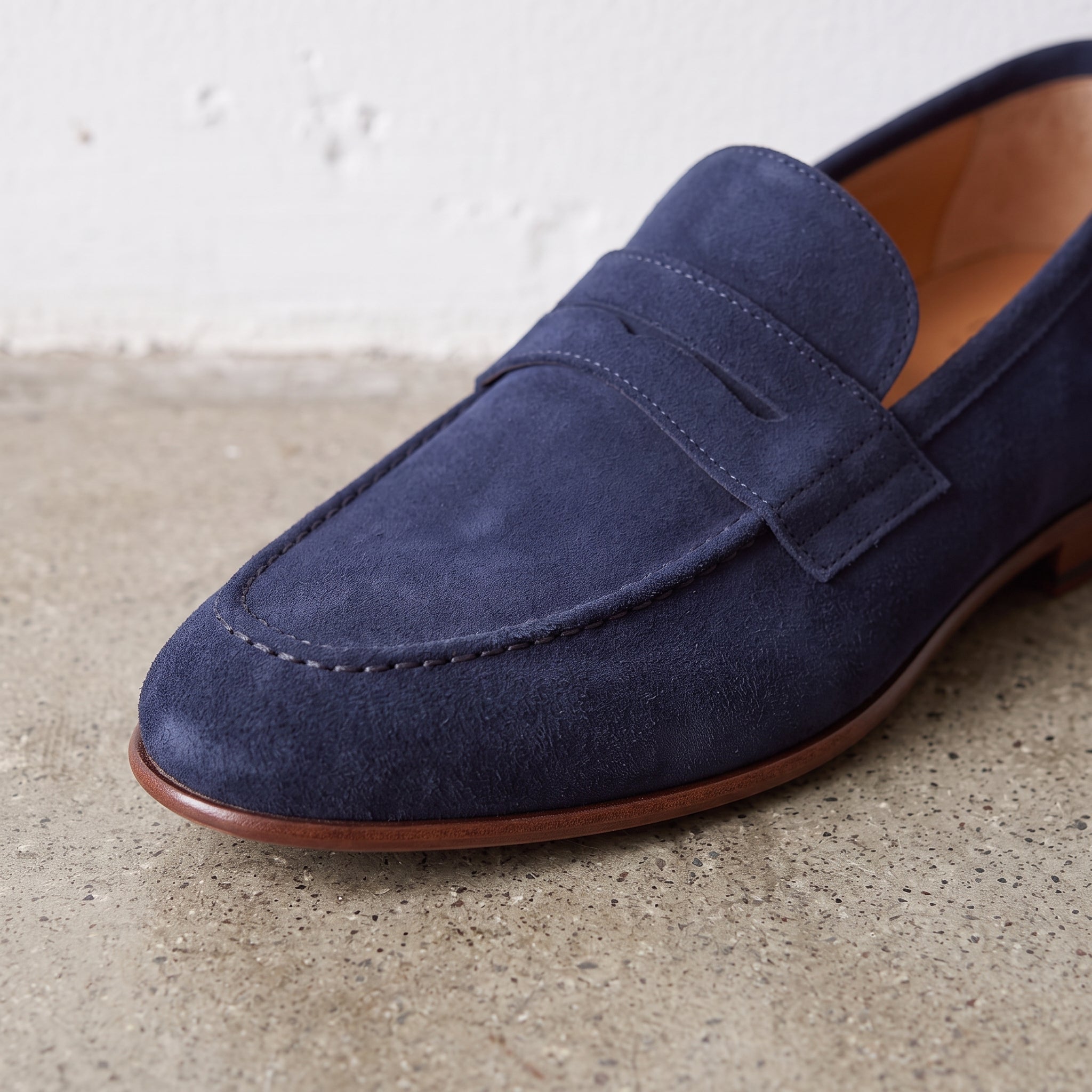 Men's Navy Suede Apron-Toe Penny Loafers — Bellingham