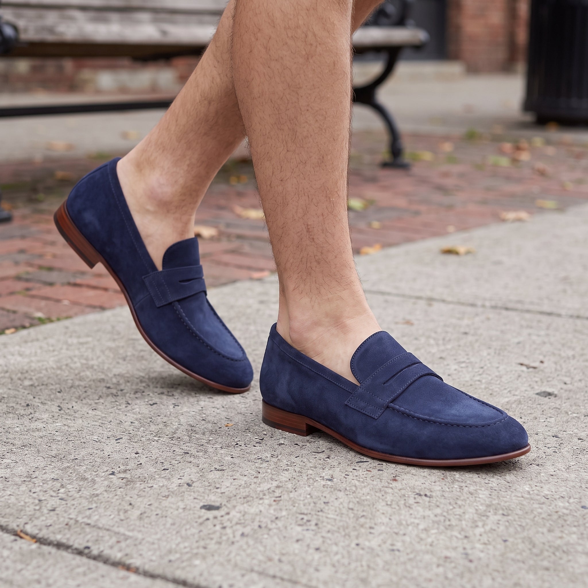 Men's Navy Suede Apron-Toe Penny Loafers — Bellingham