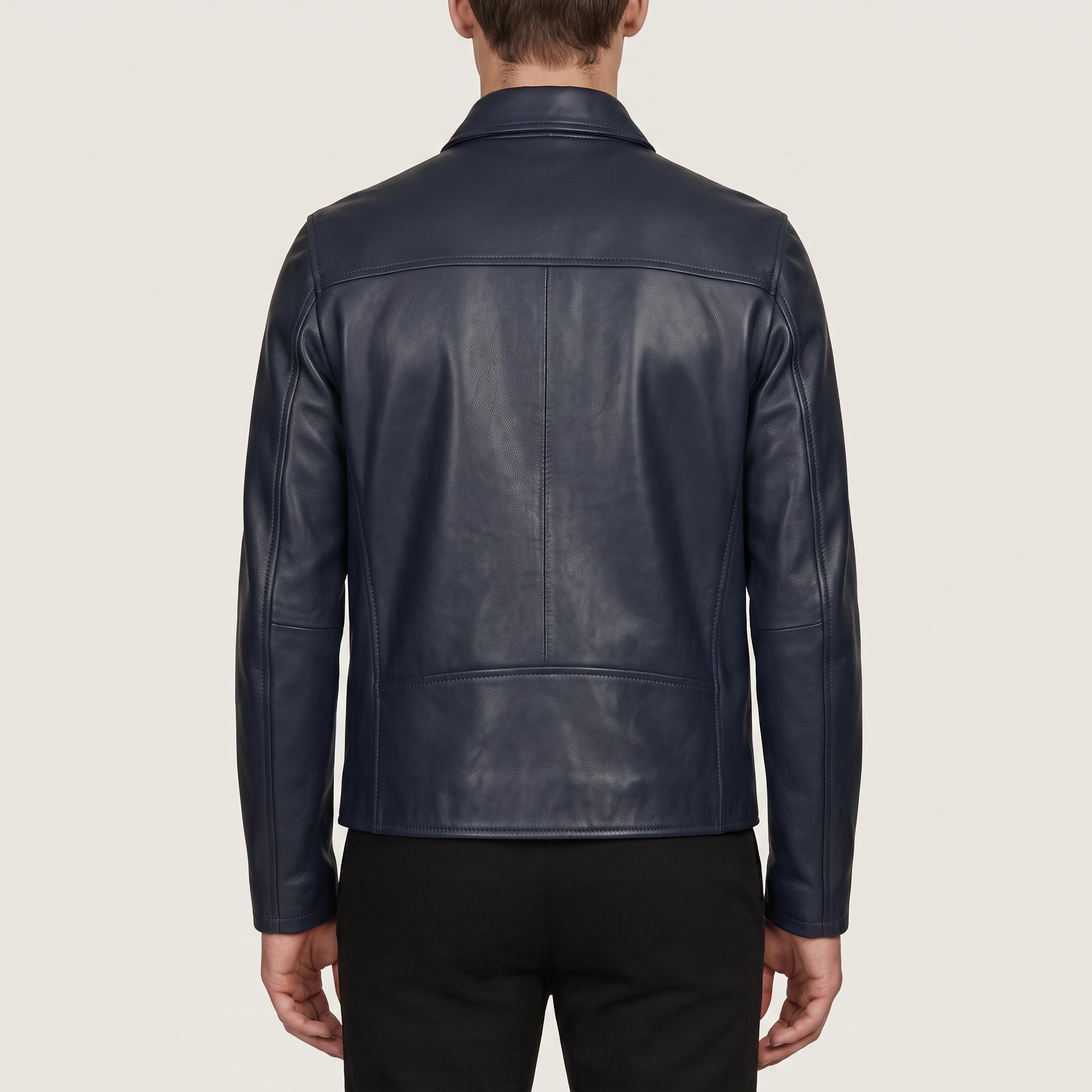 Men's Navy Leather Biker Jacket — Bracknell