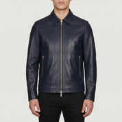 Men's Navy Leather Biker Jacket — Bracknell