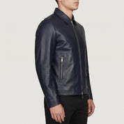 Men's Navy Leather Biker Jacket — Bracknell