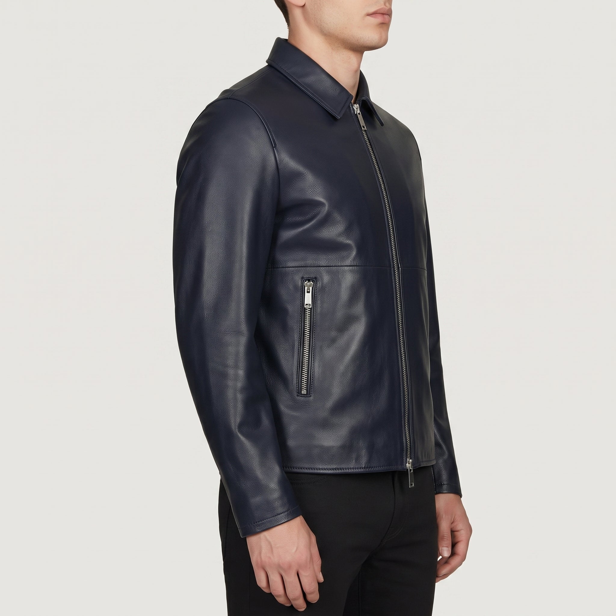 Men's Navy Leather Biker Jacket — Bracknell