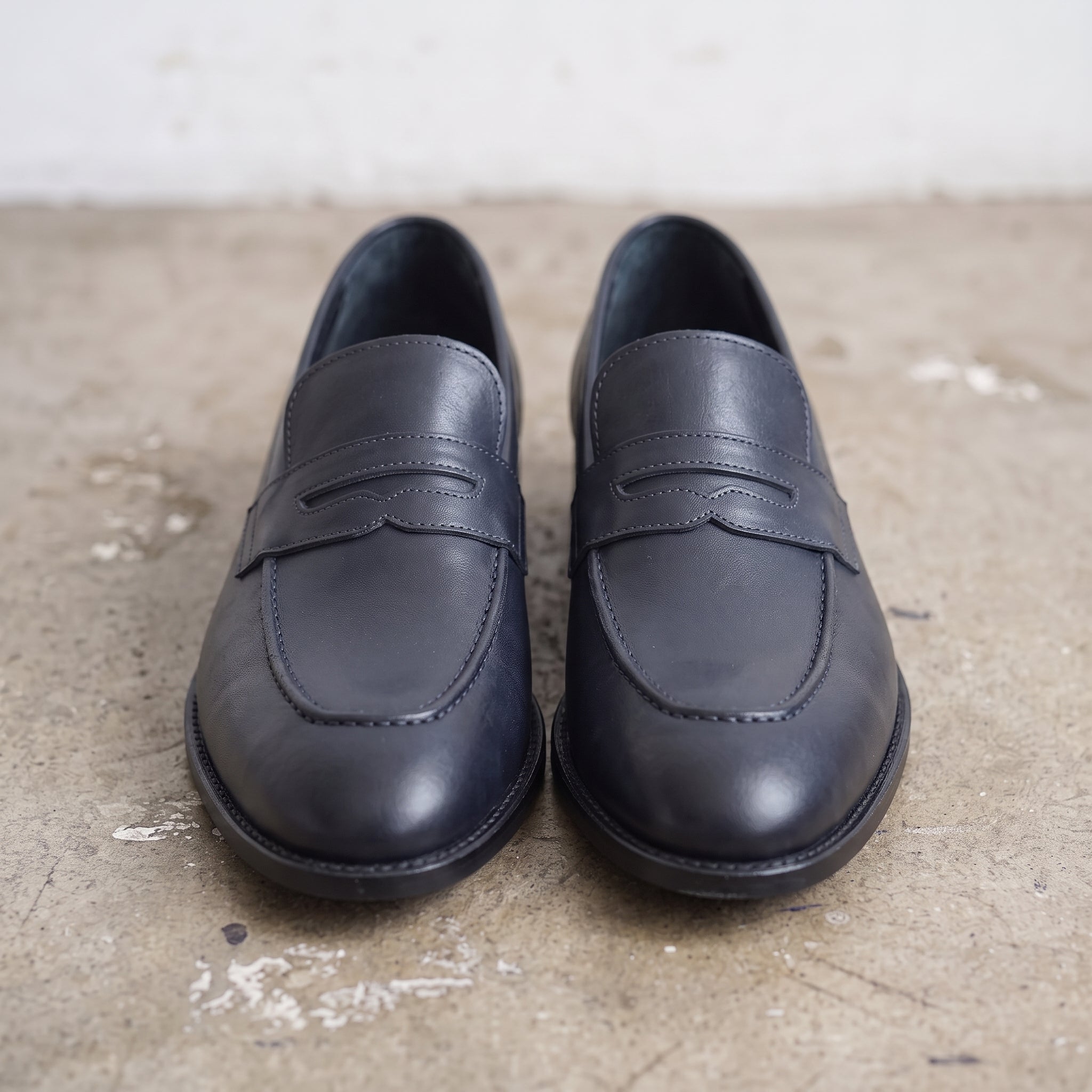 Men's Navy Moc-Toe Leather Penny Loafers — Hemsworth