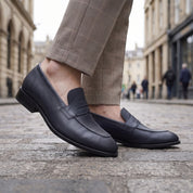 Men's Navy Moc-Toe Leather Penny Loafers — Hemsworth