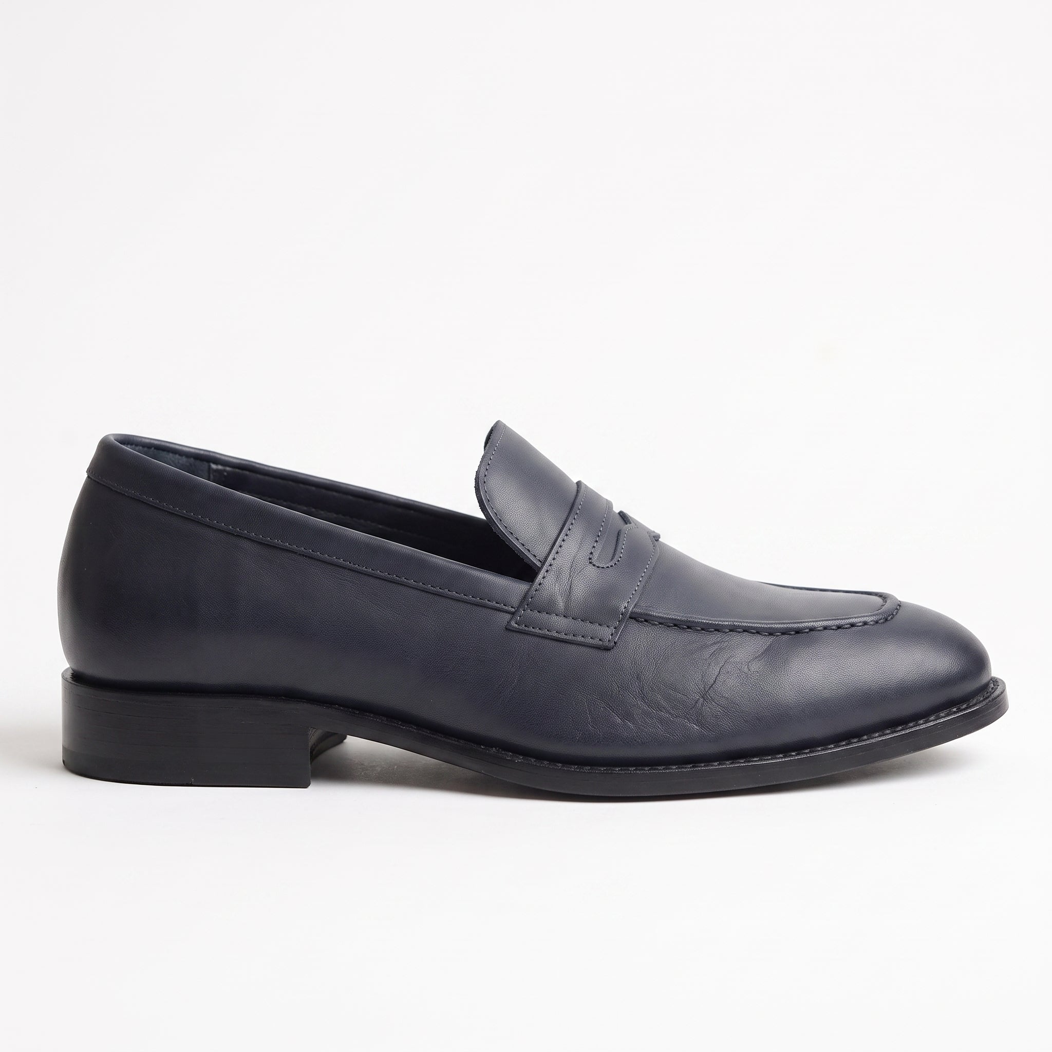 Men's Navy Moc-Toe Leather Penny Loafers — Hemsworth