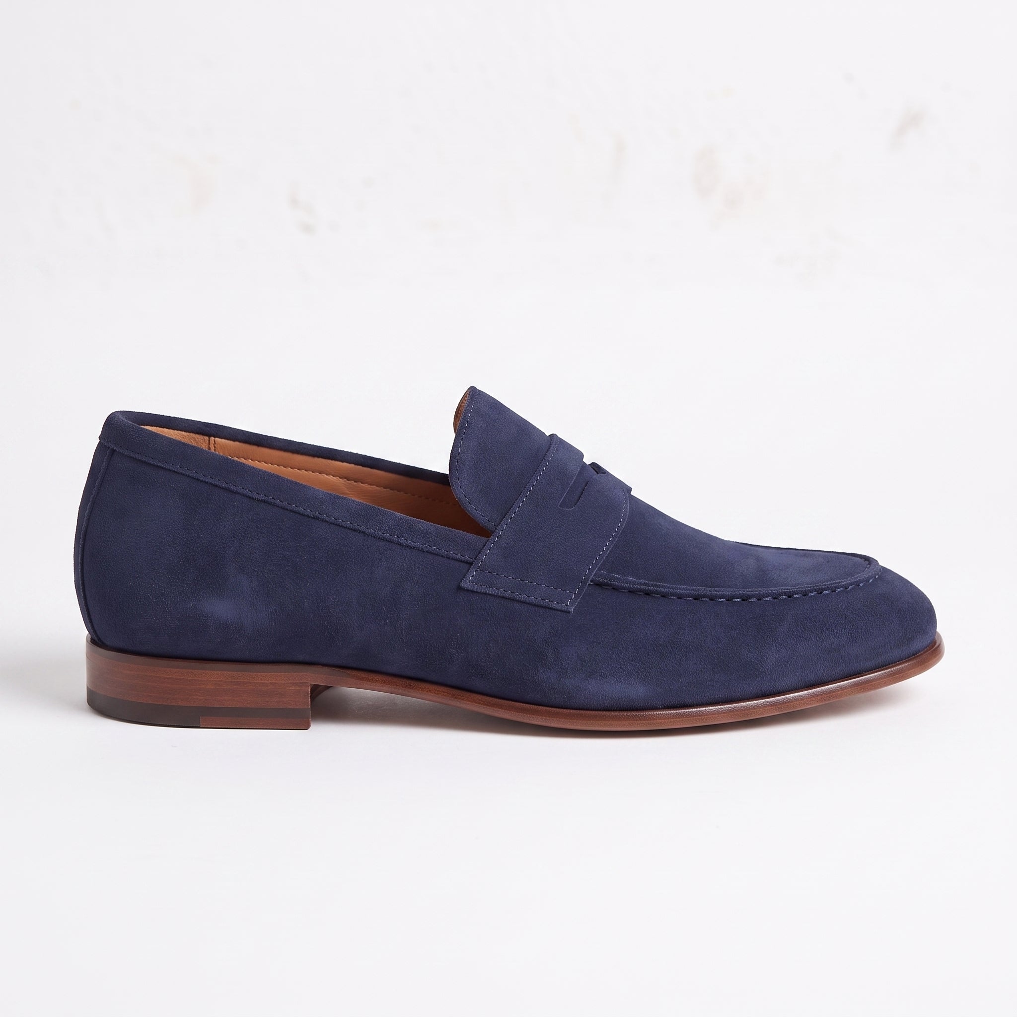 Men's Navy Suede Apron-Toe Penny Loafers — Bellingham