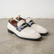Men's Off-White and Black Two-Tone Suede Apron-Toe Penny Loafers — Ames