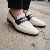 Men's Off-White and Black Two-Tone Suede Apron-Toe Penny Loafers — Ames