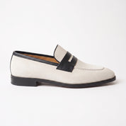 Men's Off-White and Black Two-Tone Suede Apron-Toe Penny Loafers — Ames