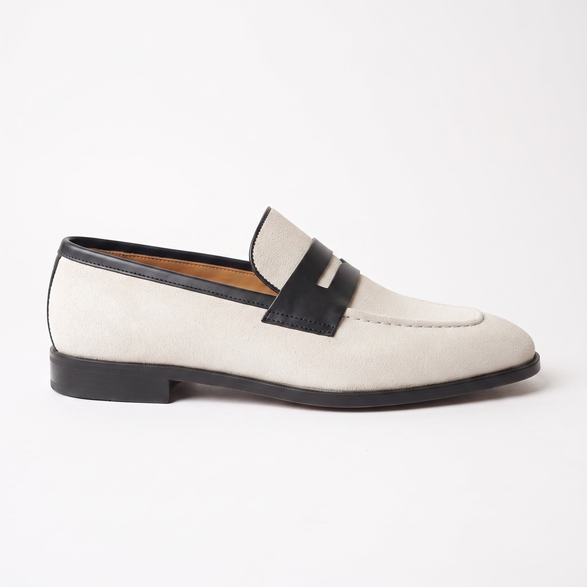 Men's Off-White and Black Two-Tone Suede Apron-Toe Penny Loafers — Ames