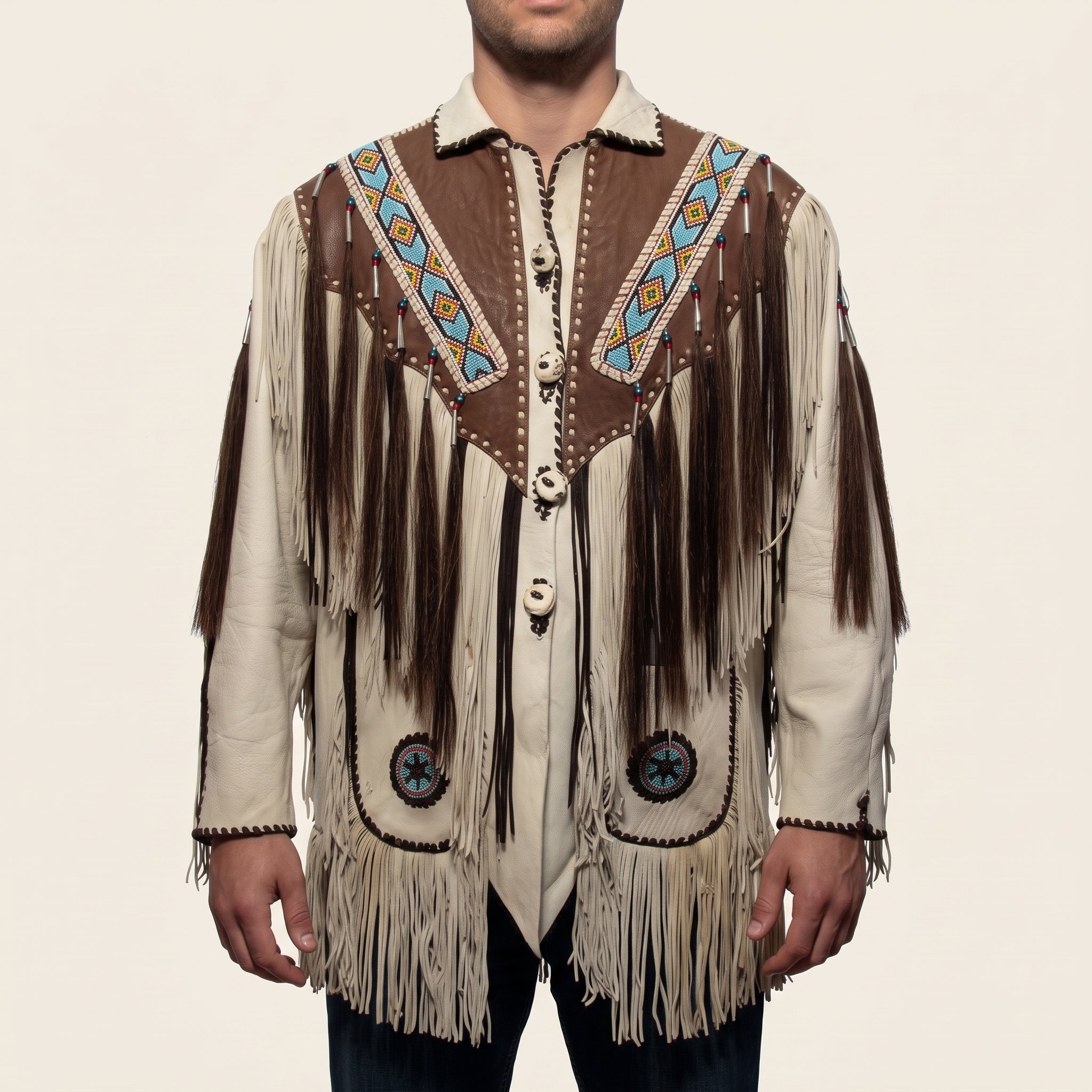 Men's Off-White and Brown Fringed Leather Jacket — Fallowfield