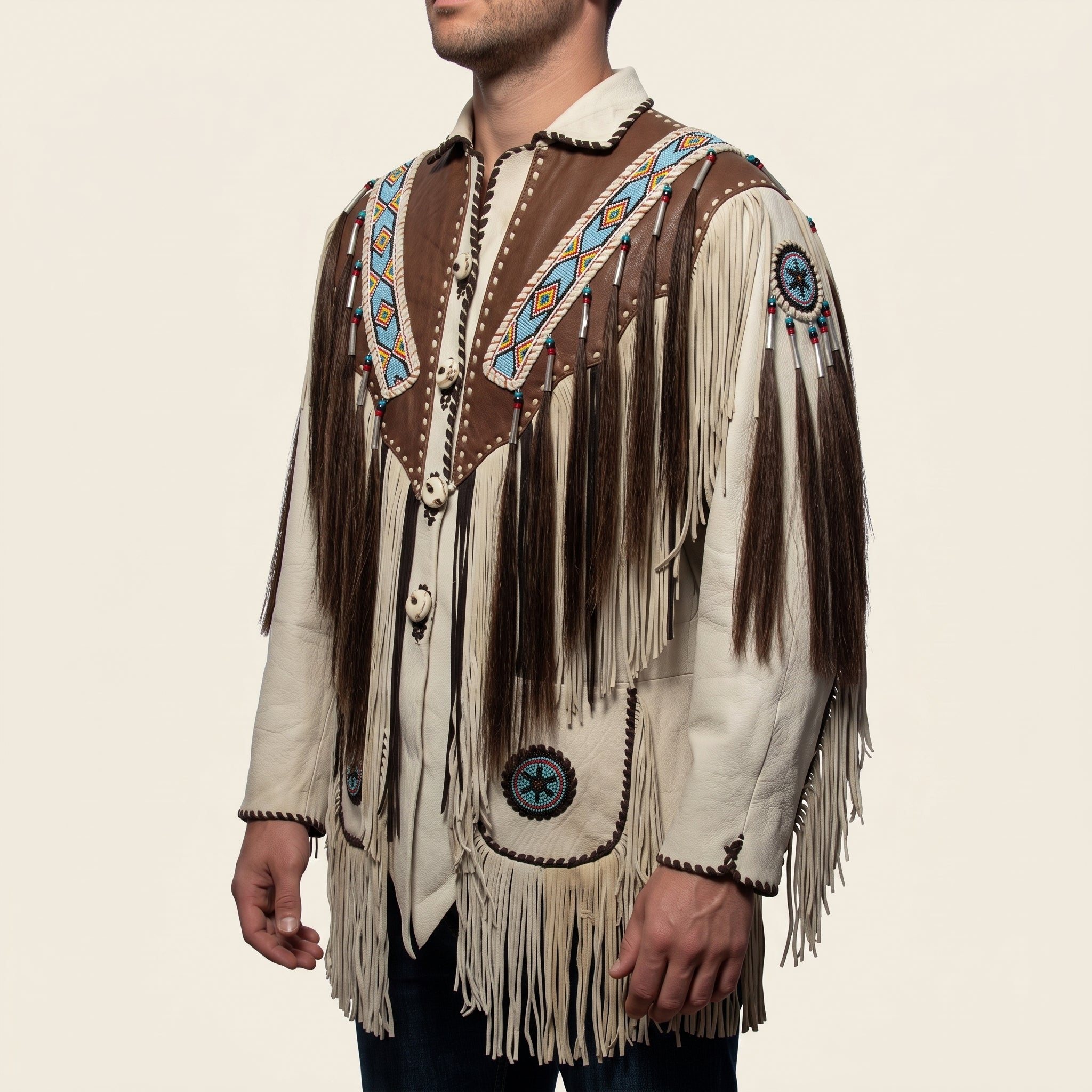 Men's Off-White and Brown Fringed Leather Jacket — Fallowfield