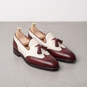 Men's Off-White and Burgundy Wingtip Leather Tassel Loafers — Badlesmere